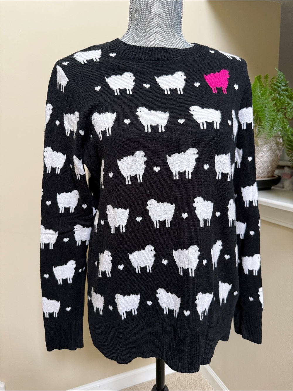 Charter Club Black Sweater with White Sheep and one Pink Accent sheep. Size L.